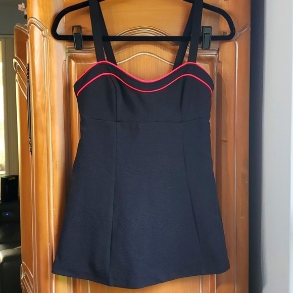 MAINSTREAM, one piece black with red piping bathing suit. Size 12. Skirt… - Picture 1 of 11